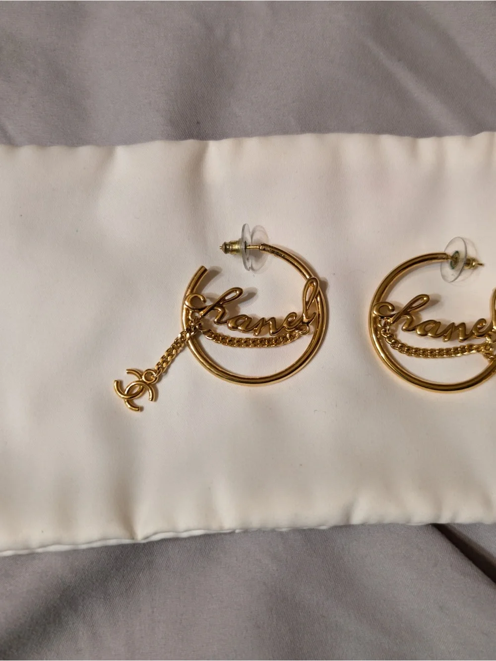 CHANEL Gold Script Hoop Earrings